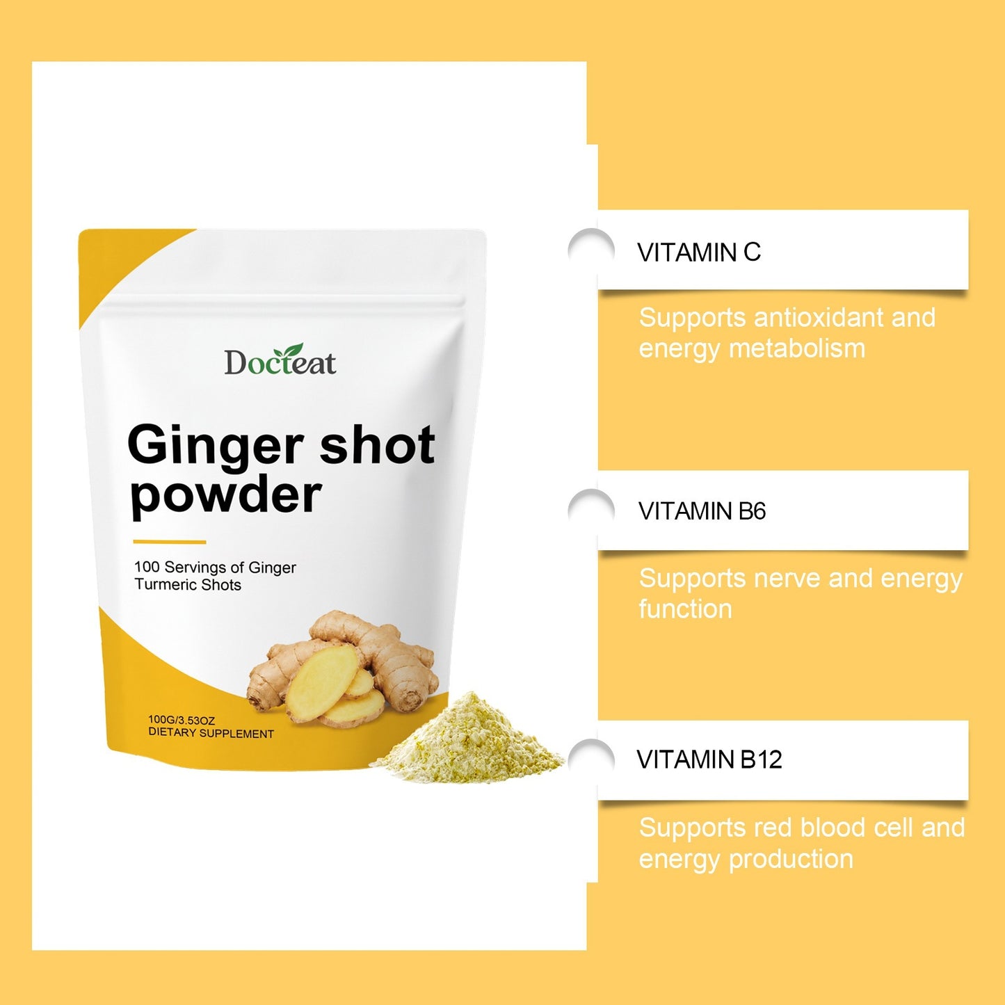 Docteat Ginger Shot Powder – Natural Energy & Vitality Booster with Turmeric & Vitamins