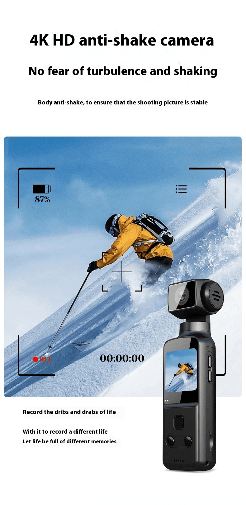 Cámara deportiva mini 4K HD con estabilización de imagen.