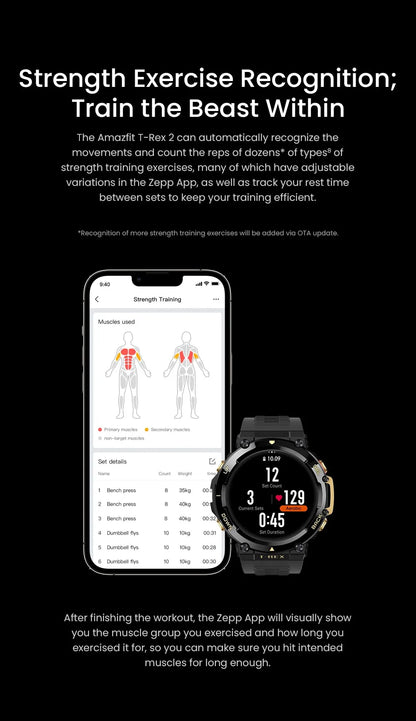 Amazfit T Rex 2 Smartwatch T Rex 2 Dual Band Route Import 150 Built-In Sports Modes Smart Watch