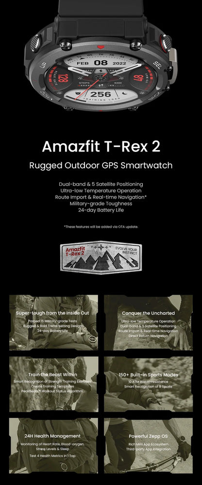Amazfit T Rex 2 Smartwatch T Rex 2 Dual Band Route Import 150 Built-In Sports Modes Smart Watch