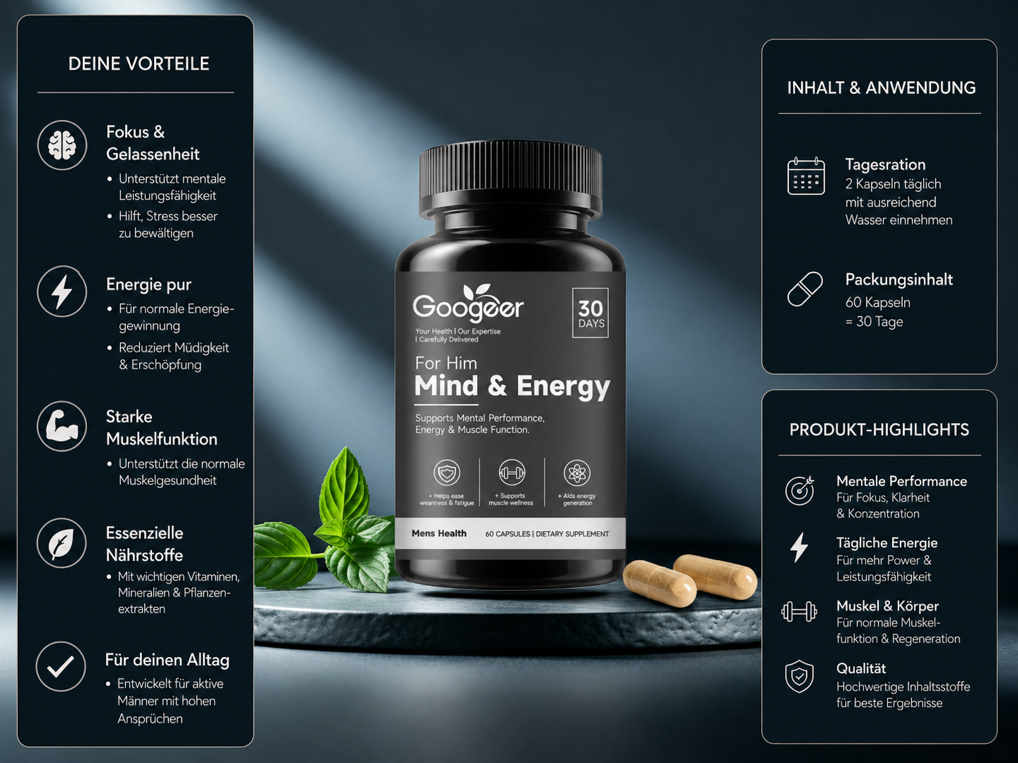 Cápsulas para foco, energia e função muscular (Googeer)