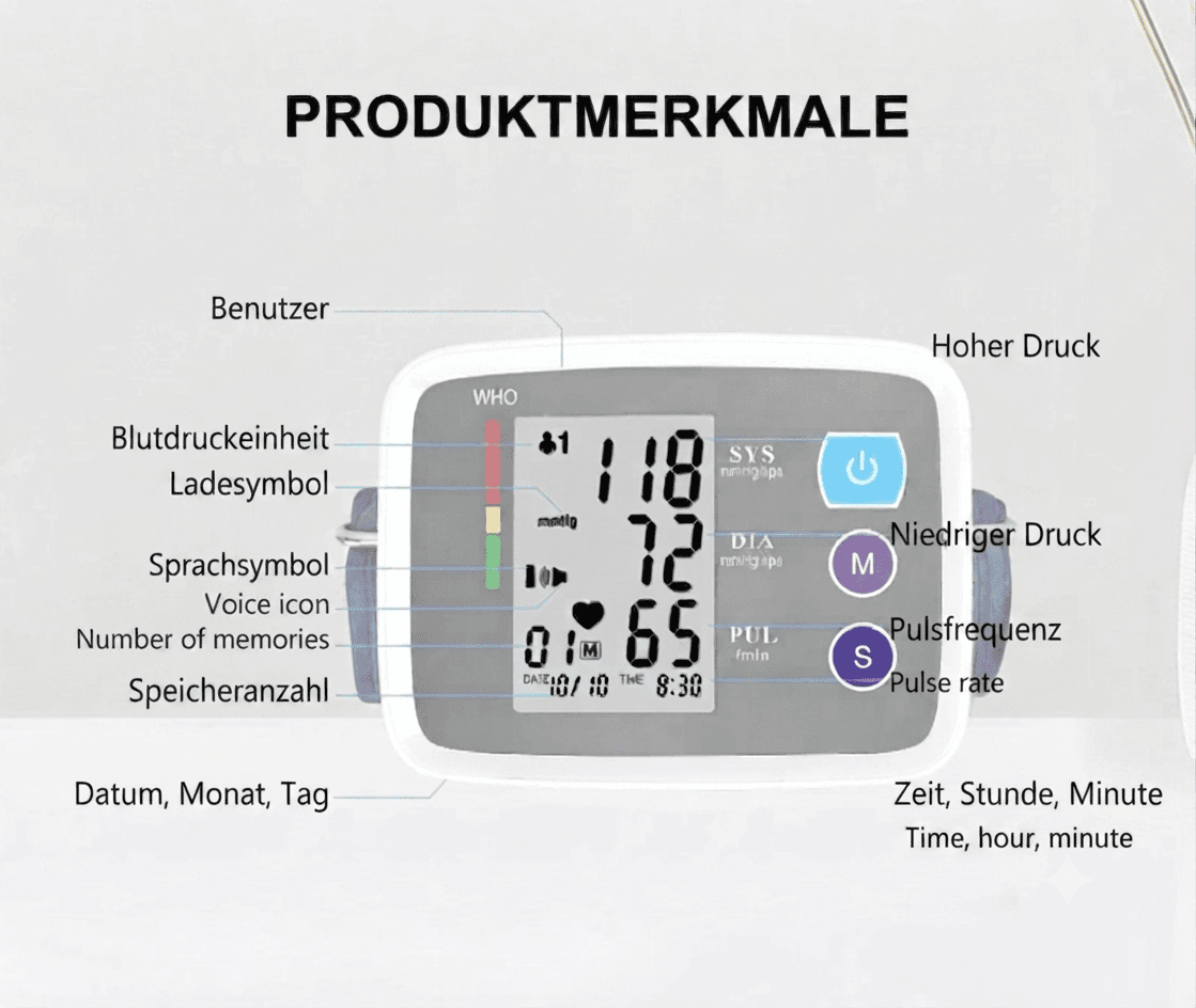 Digitales Oberarm-Blutdruckmessgerät mit Sprachausgabe.