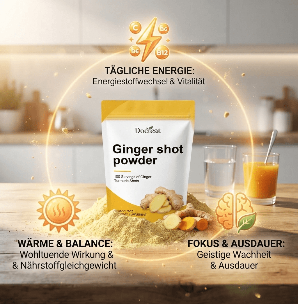 Docteat Ginger Shot Pulver: Natürlicher Energie- & Vitalitätsbooster mit Kurkuma & Vitaminen.